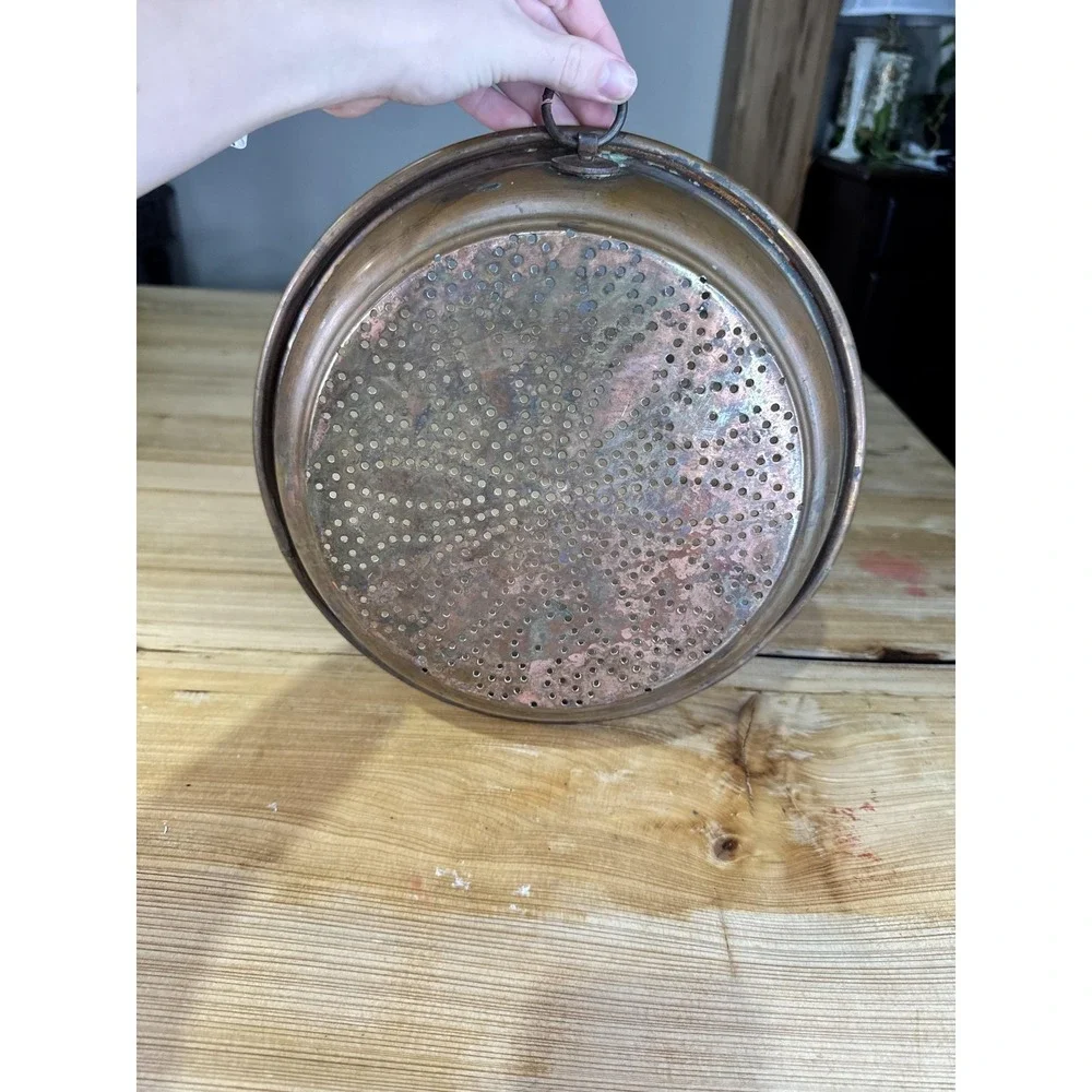 Vintage Copper Colander‎ Pie Bowl Large Round Hanging Kitchen Decor Rustic